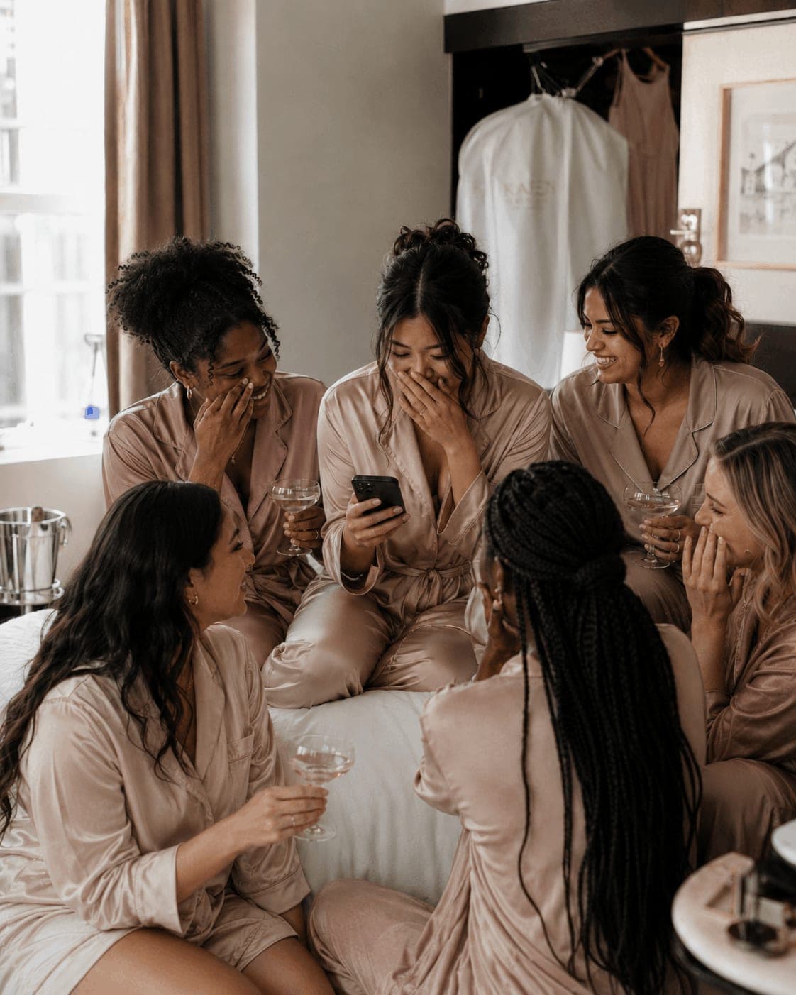 Bridesmaids in matching robes laughing together on a hotel bed before a wedding